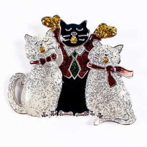 Vintage Holiday Christmas 3 Cats Singing Brooch/Pin Glitter Enamel Silver Toned